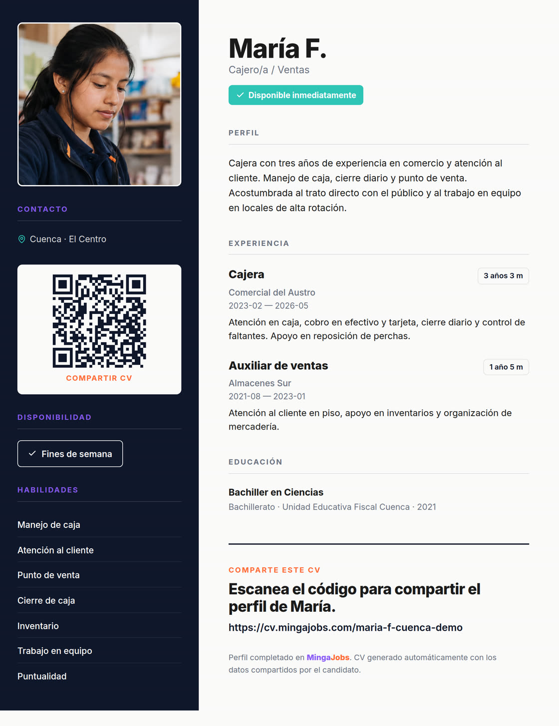 Ejemplo de hoja de vida generada por MingaJobs